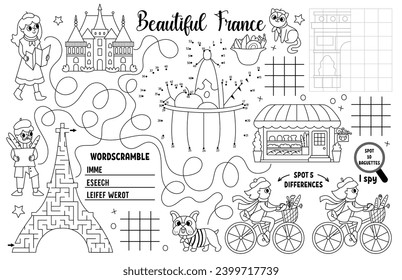 Vector France placemat for kids. French printable activity mat with maze, tic tac toe chart, connect the dots, find difference. Black and white play mat, coloring page with Eiffel Tower, croissant