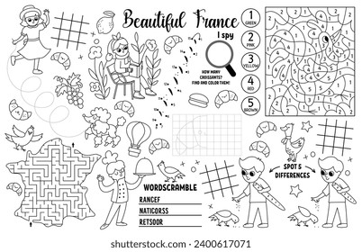 Colocación vectorial en Francia para los niños. Grapado de actividad imprimible francés con laberinto, tac tac tac tac tac gráfico, conectar los puntos, encontrar la diferencia. Mat de juego en blanco y negro, página de colores con Torre Eiffel, croissant