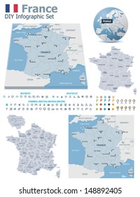 Mapas de divisiones políticas y administrativas de Francia vectorial Francia, bandera de Francia, globo terrestre que muestra la ubicación del país, marcadores de mapas y conjunto de iconos relacionados