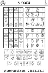 Vector France sudoku puzzle for kids with pictures. Simple black and white French quiz with cut and glue elements. Education activity or coloring page with macaroon, beret, dogs. Draw missing objects
