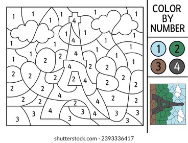 Vector France themed color by number activity with Eiffel Tower in the park. French landscape scene. Black and white counting game with traditional symbol. Coloring page for kids
