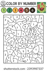 Vector France themed color by number activity with rooster. French traditional animal scene. Black and white counting game with cockerel. Coloring page for kids with cute bird
