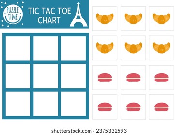 Vector Francia tic tac tae chart con postre tradicional. Campo de juego de mesa. Graciosa hoja de cálculo imprimible en francés. Cuadrícula de naves y cruces con un bonito croissant y macarón
