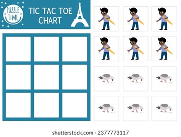 Vektor Frankreich tic tac toe Diagramm mit Jungen mit Baguette und Taube. Spielfeld für Brettspiele. Funny Französisch druckbaren Arbeitsblatt. Gitter für Ausdrücke und Kreuze mit süßen Zeichen
