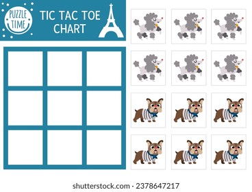 Vector Francia tac tac tac gráfico con perro caniche y bulldog. Campo de juego de mesa. Graciosa hoja de cálculo imprimible en francés. Cuadrícula de nubes y cruces con personajes animales bonitos
