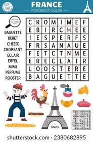 Vector France word search puzzle for kids. Simple French word search quiz for children with traditional symbols. Cultural educational activity with croissant, Eiffel Tower, Marianne, mime
