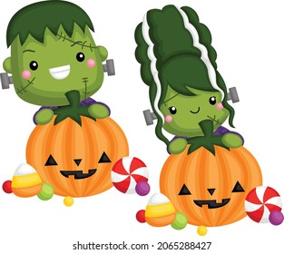 vector Frankenstein y lady Frankenstein con jack o linterna