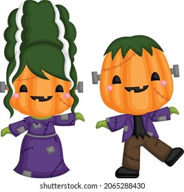 a vector of frankenstein and lady frankenstein wearing pumpkin head