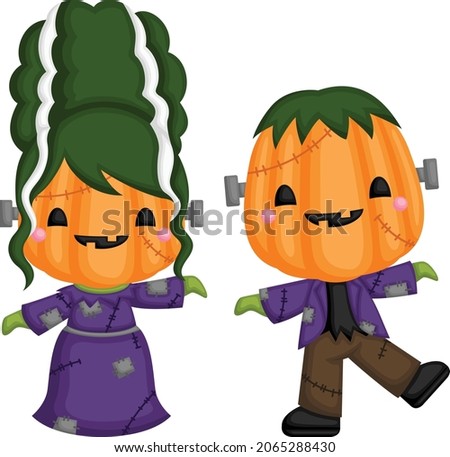 a vector of frankenstein and lady frankenstein wearing pumpkin head