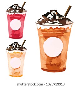 Vector frappe coffee plastic cups to go in strawberry and hazelnut flavor colors and chocolate topping set