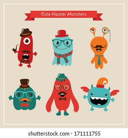 Vector Freaky Cute Retro Hipster Monsters, Funny Illustration.