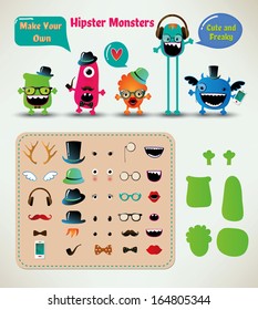 Vector Freaky Hipster Monsters Set, Funny Illustration