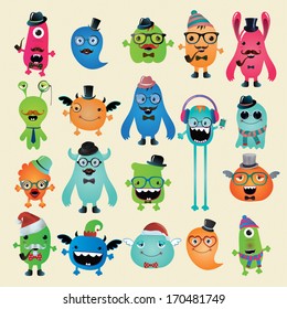 Vector Freaky Hipster Monsters Set, Funny Illustration. Fully editable and customizable characters and monsters