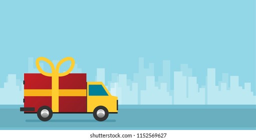 Vector free delivery concept in flat style - illustration for banner for website - transportation truck with a gift