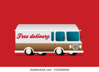 Vector free delivery concept in flat style - illustration for banner for website - transportation truck with a gift