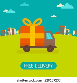 Vector free delivery concept in flat style - illustration for banner for website - transportation truck with a gift