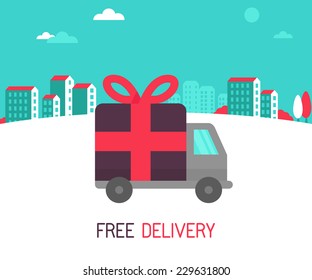 Vector free delivery concept in flat style - illustration for banner for website - transportation truck with a gift