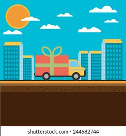 Vector free delivery concept in flat style - illustration for banner for website - transportation truck with a gift