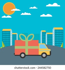 Vector free delivery concept in flat style - illustration for banner for website - transportation truck with a gift