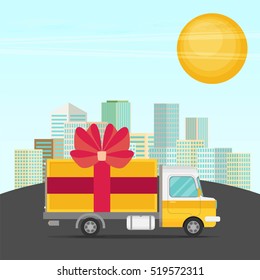 Vector free delivery concept in flat style - illustration for banner for website - transportation truck with a gift