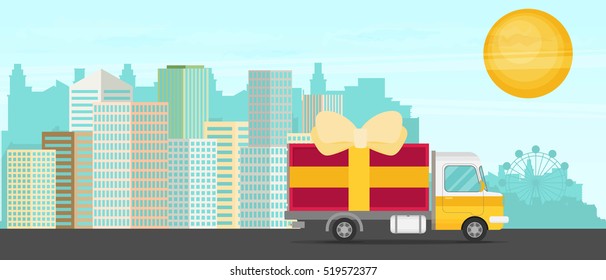 Vector free delivery concept in flat style - illustration for banner for website - transportation truck with a gift