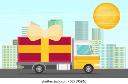 Vector free delivery concept in flat style - illustration for banner for website - transportation truck with a gift
