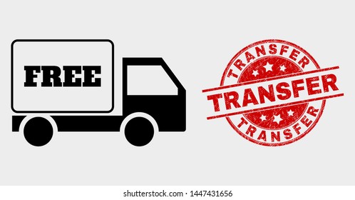 Vector free delivery pictogram and Transfer seal stamp. Red rounded grunge seal with Transfer text. Vector composition for free delivery in flat style. Black isolated free delivery icon.