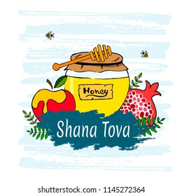 Vector free hand draw illustration for Rosh Hashanah card (Jewish New Year). Rosh hashanah holiday design for postcard or invitation card. Shana Tova celebration.