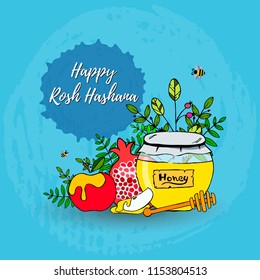 Vector free hand draw illustration for Rosh Hashanah card (Jewish New Year). Rosh Hashanah holiday design for postcard or invitation card. Shana Tova celebration.