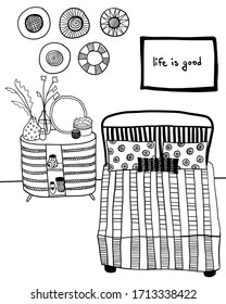 vector free hand drawing bedroom interior with bedside table with house flowers and various decorative 