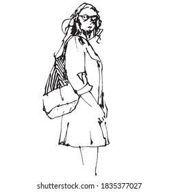 Vector free hand drawing illustration of a woman, fashion and beauty concept