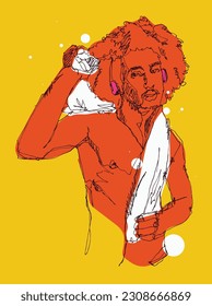 Vector free hand drawing illustration of a muscled man with afro hair and towel, fashion and beauty concept