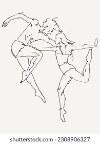 Ilustración vectorial de dibujo a mano libre de una pareja que interpreta danza moderna, contornos esquemáticos