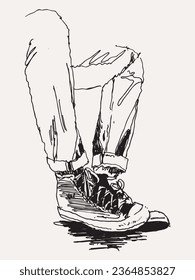 Vector free hand drawing illustration of a pair of male feet wearing canvas shoes, retro youth culture concept.