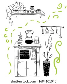 vector free hand drawing kithen with microwave and green lines