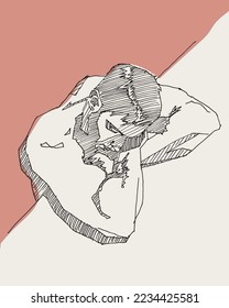 Dibujo de mano libre vectorial, ilustración esquemática de un hombre al lado de una piscina