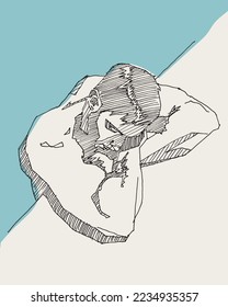 Dibujo de mano libre vectorial, ilustración esquemática de un hombre al lado de una piscina
