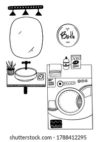 vector free hand drawn bathroom design set: sink with mirror and lighting and washing machine