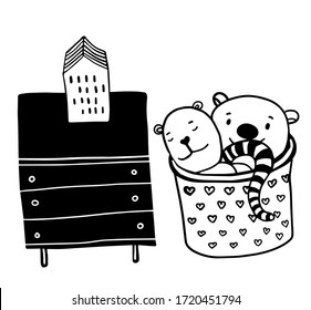 vector free hand drawn black bedside table with toy house and bascket with teddy toys