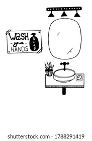 Vector Free Hand Drawn Black And White Sink With Mirror And Lighting And Poster On The Wall With Inscription WASH YOUR HANDS