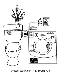 vector free hand drawn black and white toilet bowl and washing machine with bouquet of flowers