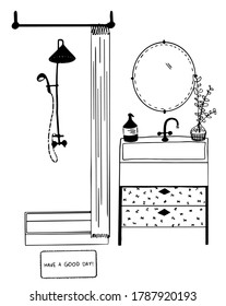 vector free hand drawn cartoon bathroom interior set of shower bath, wash basin and mirror 