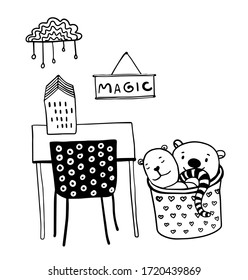 vector free hand drawn children's workplace near the basket with toys