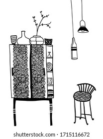 vector free hand drawn cupboard with wooden stool and style lamps