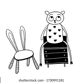 vector free hand drawn interior set of rabbit-chair, black chest of drawers and cute toy sheep