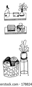 vector free hand drawn interior with basket with clothes, shelfs and cactus in the pot
