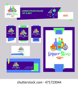Vector free hand drawn logo with glass bottle for alcohol liquor store. Element of  corporate identity and design template for restaurant, bar, cafe.