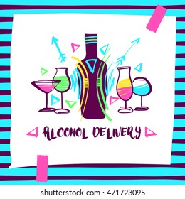 Vector free hand drawn logo for alcohol liquor home company. Element of corporate identity and design template for store, market, business alcohol delivery.