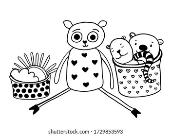 vector free hand drawn pretty animal toys in the basket and big teddy sheep