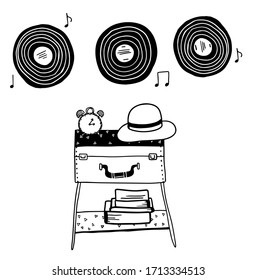 vector free hand drawn table-suitbag with hat, alarm clock, books and records